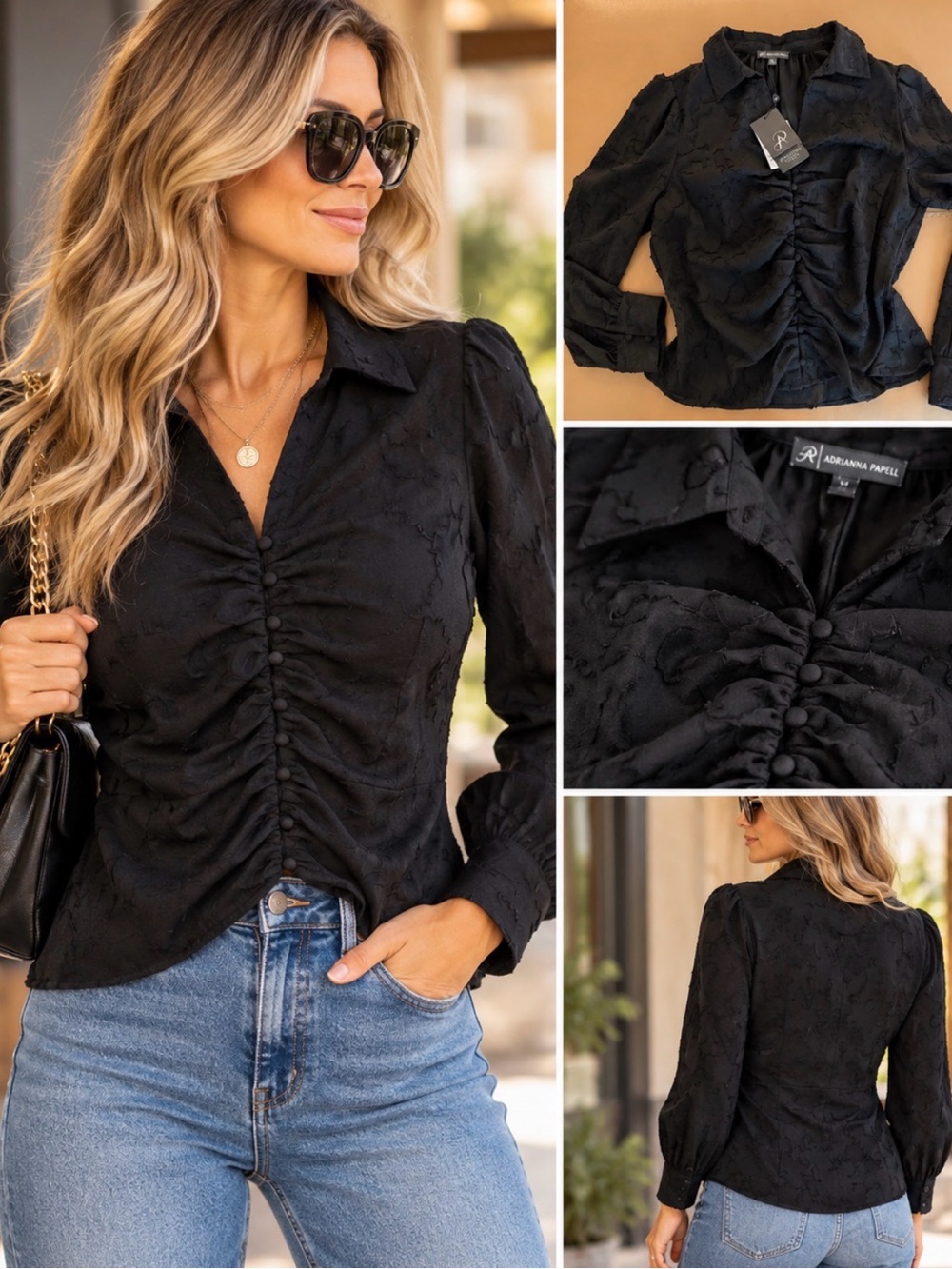 Adrianna Papell Black Ruched Button-Front Blouse with Collar.. New with tags!